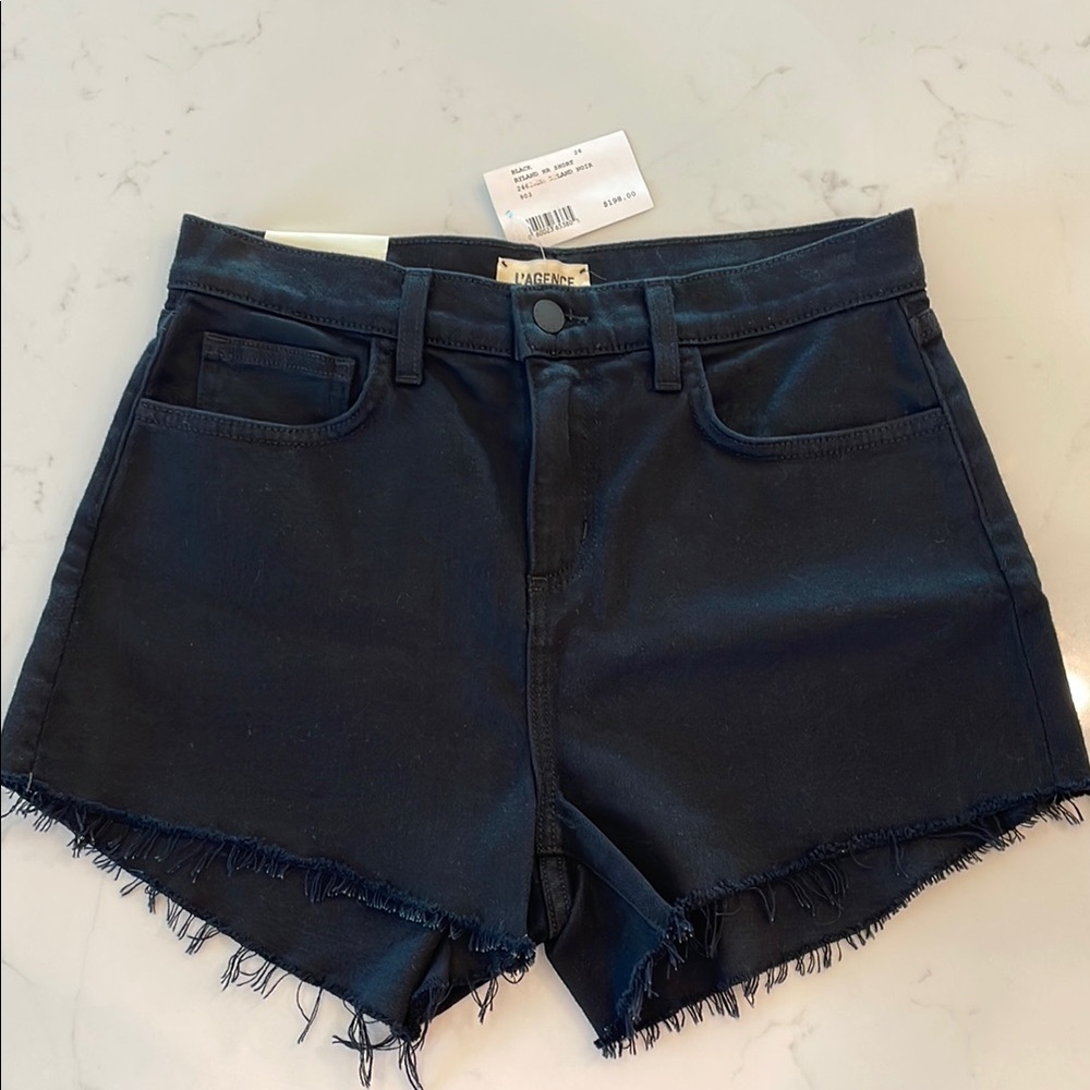 L’AGENCE Black Jean Shorts with Frayed Hem